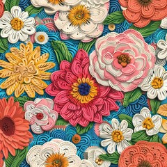 Seamless pattern featuring various popular floral motifs in detailed crocheted style, seamless pattern in all directions.