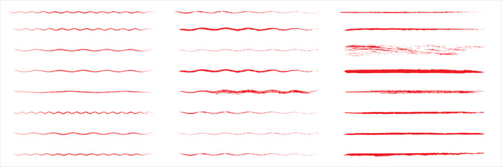 Set of wavy horizontal lines. Marker hand-drawn line border set and scribble design elements. Lines hand drawn paint brush stroke. Vector set isolated on white. Hand drawn scribble. Red ink . EPS 10