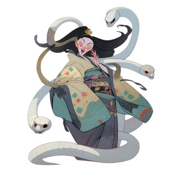 An illustration of a futakuchi onna monster with white snakes