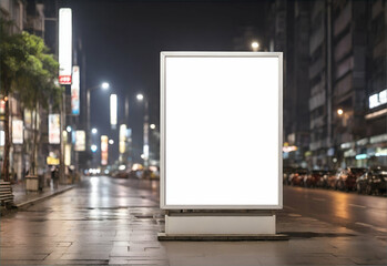 Empty Vertical space advertisement board, blank white signboard on roadside in city at night time, White signboard or lightbox on roadside for advertisement placement - obrazy, fototapety, plakaty