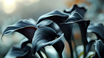 A dramatic 4K HDR close-up of black calla lilies, their luxurious and unusual coloration standing out vividly.