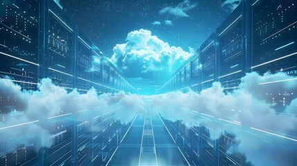 A conceptual illustration of cloud storage and computing platform with top three solutions in the style of ethereal nightscape and atmospheric skies - obrazy, fototapety, plakaty