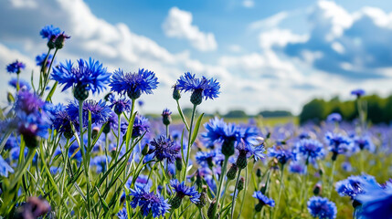 A field of bright blue cornflowers under a sunny sky, the vibrant blues and greens of the flowers and foliage captured in vivid 4K HDR, creating a cheerful, summery scene.
