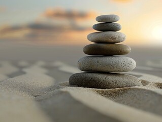 Fototapeta na wymiar Zen Stones Pyramid on Sand Harmony