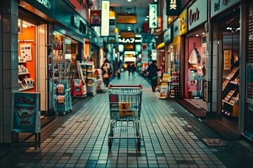 A shopping cart in a busy mall presented in a Japanese-inspired style showcasing contrast and simplicity in an urban setting