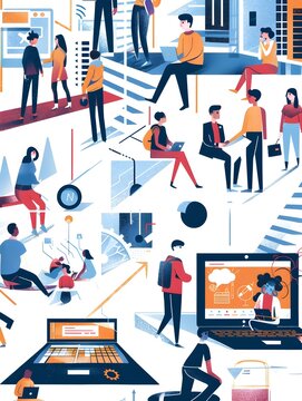 A detailed crowd scene illustration depicting the future of work and digital literacy in the style of technological art showcasing various activities 
