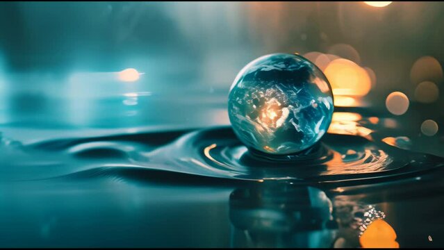 Close up of drop water with world reflecting on it