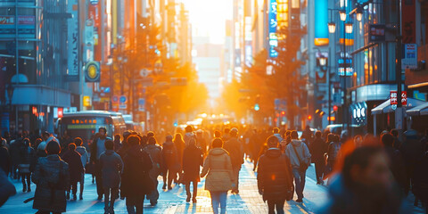 Sunset Commute.
Busy urban street bathed in the golden light of sunset, evoking the rush of city life. - obrazy, fototapety, plakaty
