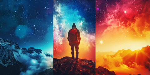 Cosmic Journey.
A man standing before a triptych of cosmic mountain landscapes representing exploration.