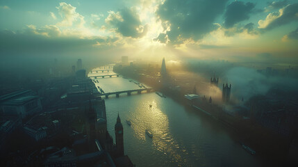 The City of London in Smoke, A Canal between the city, ai generated - obrazy, fototapety, plakaty