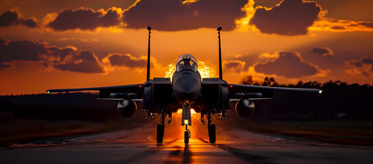 Fighter Jet preparing to take off from military base - war and armed conflict concept - obrazy, fototapety, plakaty