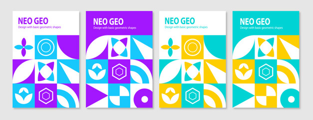neo geometric poster. Grid with color geometrical shapes. Modern abstract promotional flyer background vector illustration set. Geometric template poster, brochure neo pattern