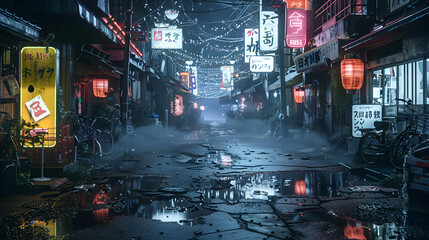 Night Capturing A wide Japanese market alley illuminated, Generative AI
