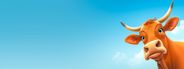 Cheerful cartoon cow on a blue sky background