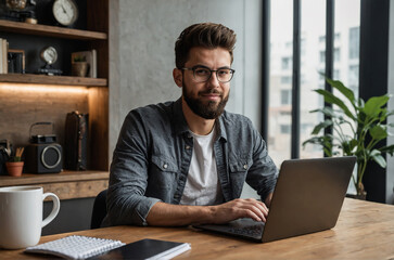 man working on laptop wearing glasses with beard
