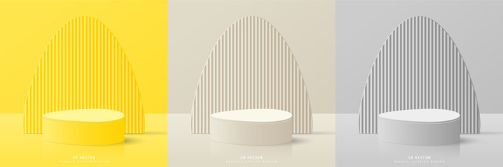 Set of yellow, cream and gray 3D egg cylinder podium pedestal realistic or stage for showcase with egg shape backdrop. Minimal scene for mockup product. 3D vector geometric form. Happy easter's day.