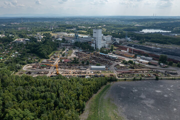 Obraz premium Aerial drone view of coal mine in Poland. Coal Mine in Jastrzebie-Zdroj and partly in Mszana in Wodzisław County. Coal mine seen from a bird's eye view