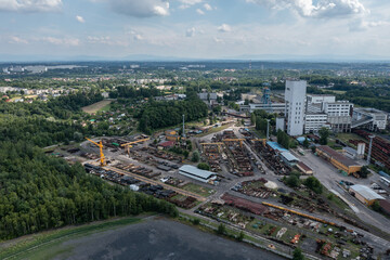 Fototapeta premium Aerial drone view of coal mine in Poland. Coal Mine in Jastrzebie-Zdroj and partly in Mszana in Wodzisław County. Coal mine seen from a bird's eye view