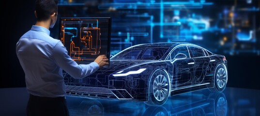Automotive engineer using ai system for electric car design on hologram, smart ev technology