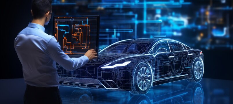 Automotive engineer using ai system for electric car design on hologram, smart ev technology