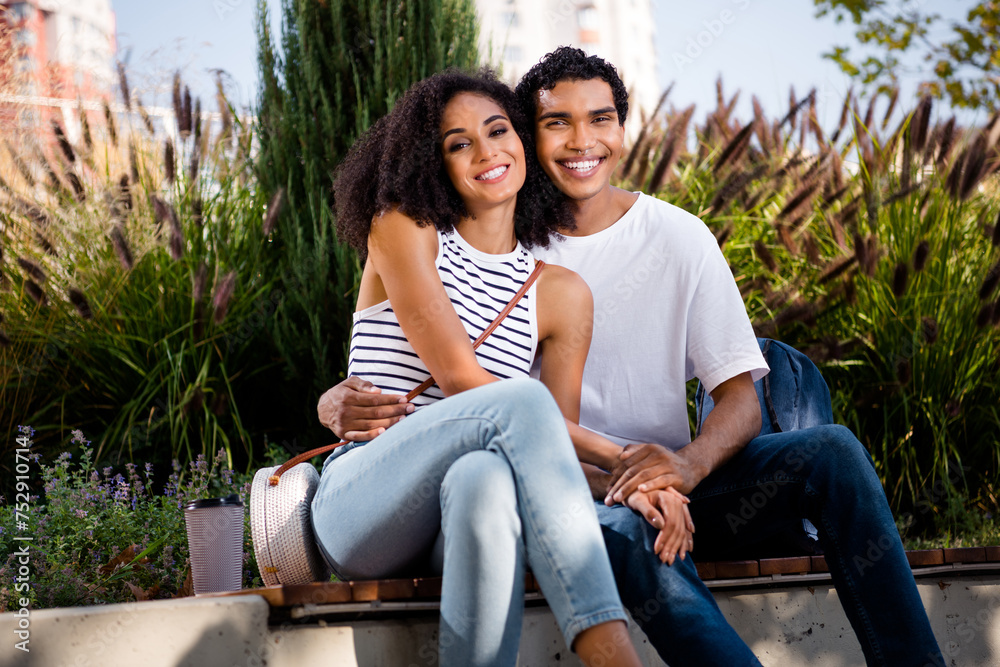 Canvas Prints Photo of cheerful adorable gentle romantic people walk in park relax rest romantic period spring outside