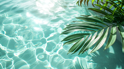 Fototapeta na wymiar Palm leaf in the swimming pool, spa concept 