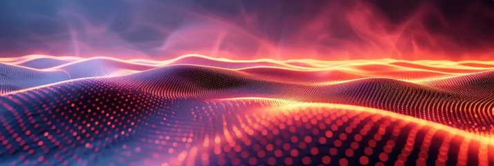 Photo sur Plexiglas Violet Vibrant digital wave landscape with particles. A high-quality 3D render of a dynamic digital wave landscape with illuminated particle dots creating a cosmic atmosphere.