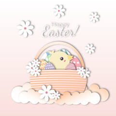 cute easter vector isolated basket with easter colorful eggs and cute yellow chick paper cut effect