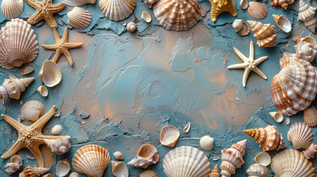 Seashells and starfish on a blue background. Summer sea background, greeting card. Copy space.