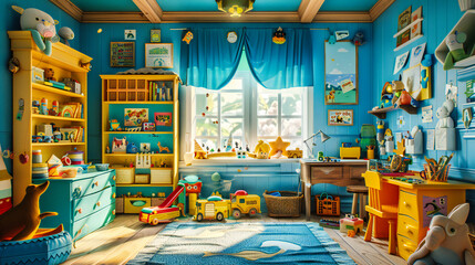A Colorful Cartoon Room Bursting with Imagination, Playful Toys and Books Await, A Space Crafted for Joy and Learning
