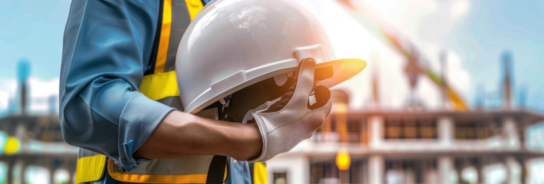Construction Worker Holding Helmet in Front of Construction Site. Ensuring Safety and Preparedness for Industrial Development, Urban Progress, and Efficient Project Management in infrastructure