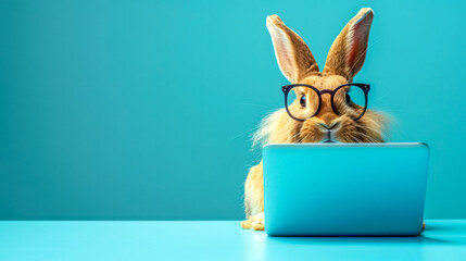 Smart bunny with glasses and laptop on blue background