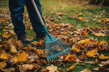 raking leaves in a garden