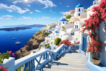 beautiful white buildings ,santorini island greece - obrazy, fototapety, plakaty
