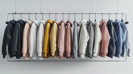 a variety of youth cashmere sweaters, hoodies, and sweatshirts arranged neatly on a clothes rack, suitable for mock-up advertising merch.