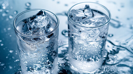Glasses of sparkling water with ice.