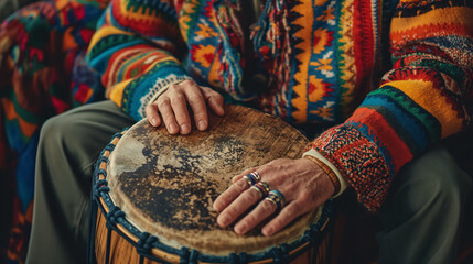 Hands on a drum in colorful attire.