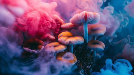 Obraz na płótnie Canvas Mystical mushrooms amid neon smoke.