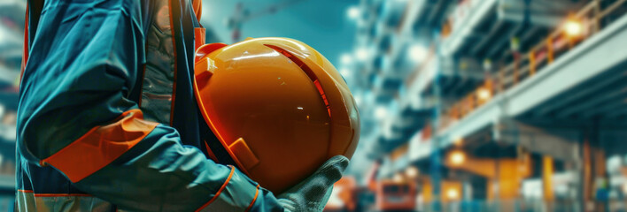 Construction Worker Holding Helmet in Front of Construction Site. Ensuring Safety and Preparedness for Industrial Development, Urban Progress, and Efficient Project Management in infrastructure