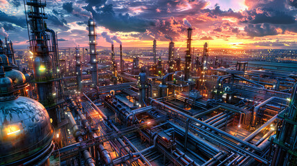 Industrial Giants Under the Veil of Night, Refineries Work Tirelessly, A Symphony of Engineering and Environmental Paradox