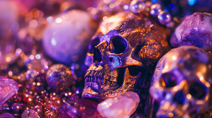 Skulls amidst glittering jewels, mysterious aura.