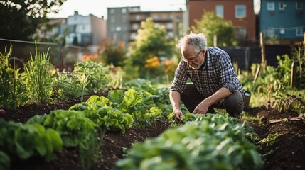 An elderly Male Farmer Harvests vegetables, Weeds Beds in a City garden on a sunny day. Communal Agriculture, Organic Products, Business concepts. - obrazy, fototapety, plakaty