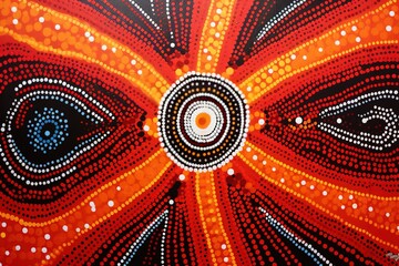 An intricate Aboriginal dot painting depicting Dreamtime stories with vivid colors and patterns. - obrazy, fototapety, plakaty