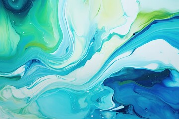 Swirling patterns of blue, green, and white acrylic paint creating a calming abstract art piece.