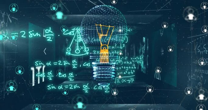 Animation of light bulb with network of connections over mathematical equations on blue background