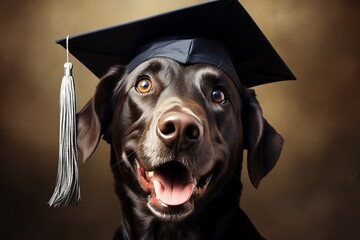 Dog in graduation cap holding a diploma