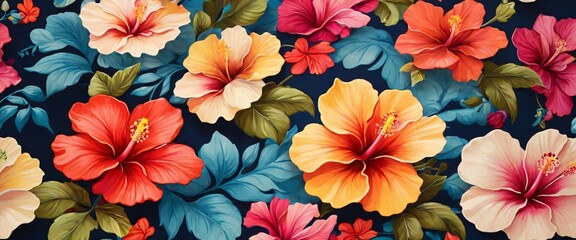 Capture the beauty of nature with a colorful hibiscus pattern in a whimsical and playful drawing style, featuring the exotic flowers in bold and striking designs that will add a pop of color - obrazy, fototapety, plakaty