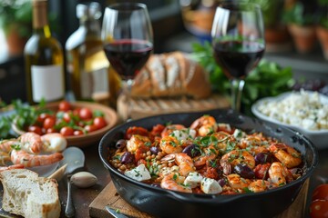 Seafood dishes greek and wine on table. Generative AI