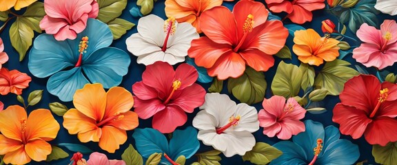 Fototapeta na wymiar Capture the beauty of nature with a colorful hibiscus pattern in a whimsical and playful drawing style, featuring the exotic flowers in bold and striking designs that will add a pop of color