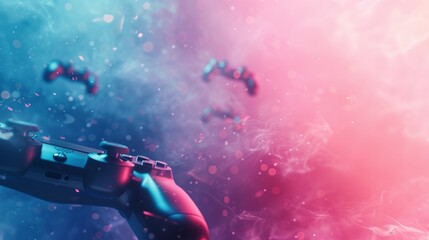 Levitating gamepads on pastel background, gaming, online gaming, e sports concept with text space.